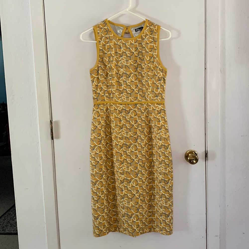 Dear Creatures Katie mustard yellow, grey and cream dress with cutout back & bow